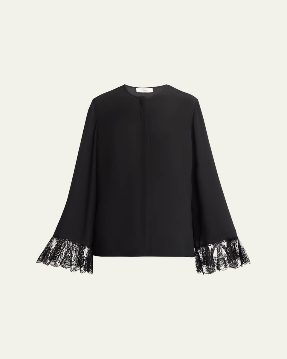 Button Down Crepe De Chine Top with Lace Sleeves
